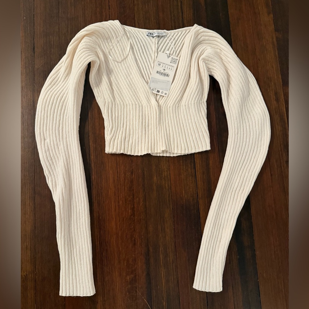 Zara Cream Ribbed V-Neck Crop Top